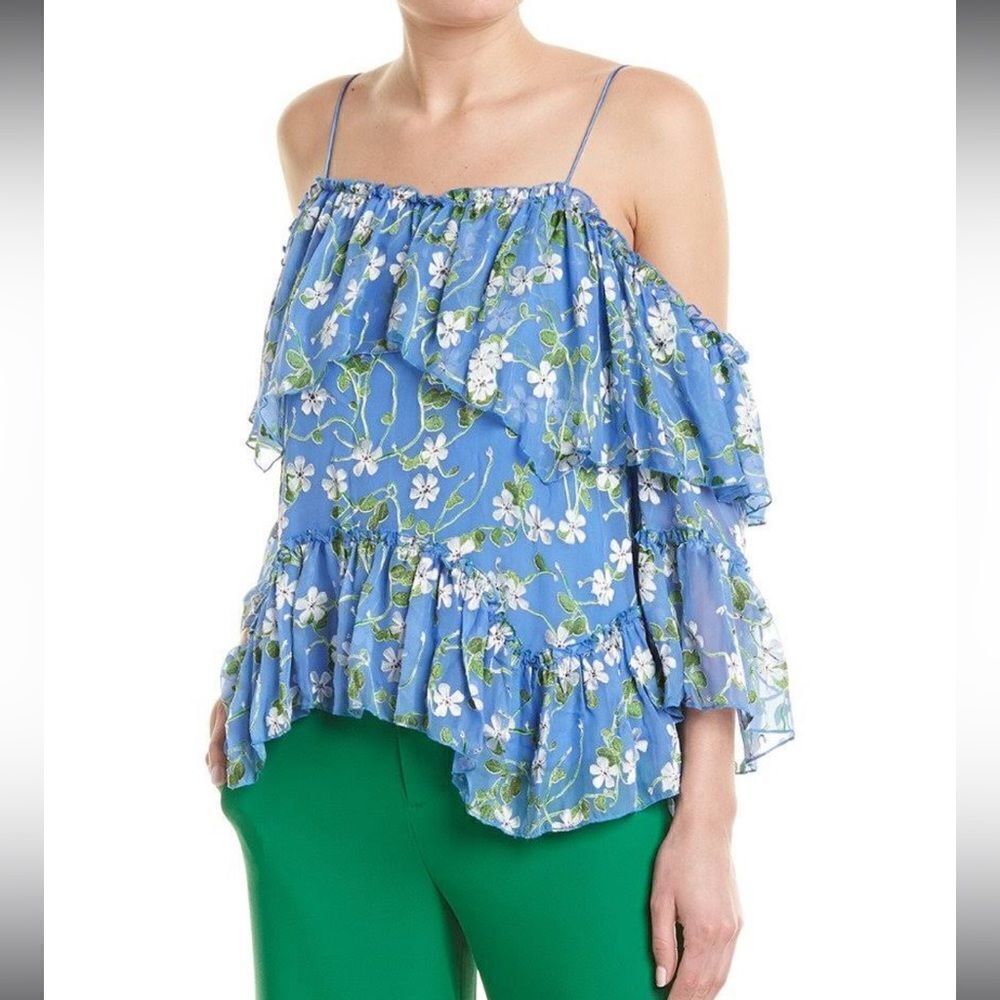 Alice + Olivia
Tia Floral-Print Ruffled Blue Blouse